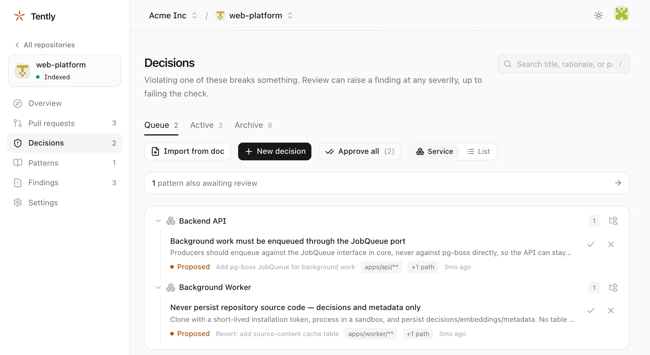 The decisions queue: proposed decisions mined from merged pull requests, grouped by service