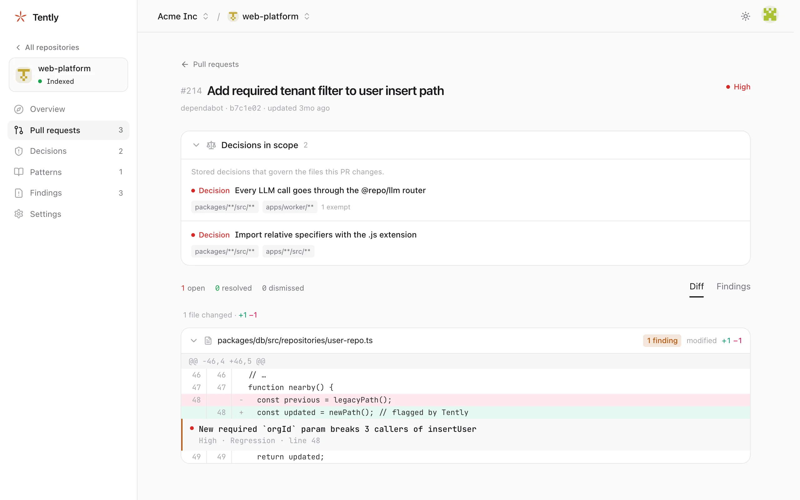 Pull request #214 in Tently: two decisions in scope and a regression finding inline in the diff